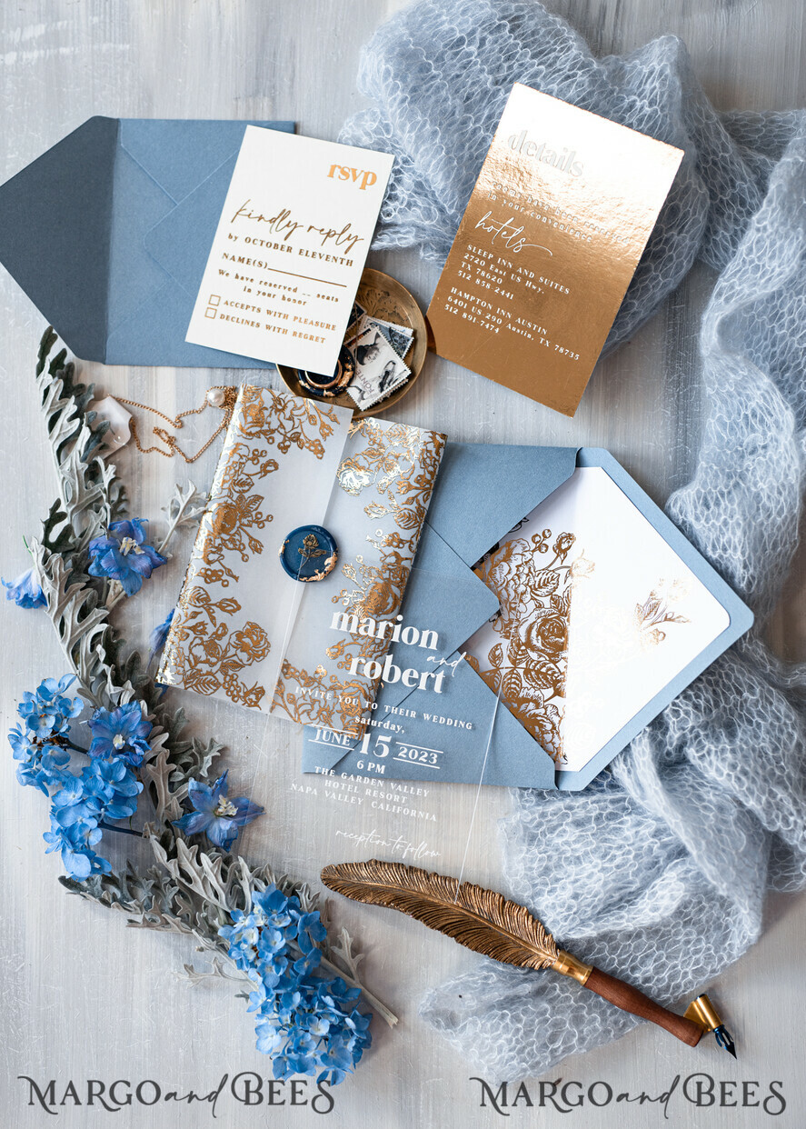 HOCHZEITS EINLADUNGEN Gold / Roségold / Silber / Glitzer Maßgeschneiderte Acryl-Eisblau-Hochzeitseinladung, Glamour staubige blaue Hochzeitseinladungen, moderne goldene Plexi-Hochzeitseinladung Suite, Boho Glam Hochzeitseinladungen mit Wachssiegel.