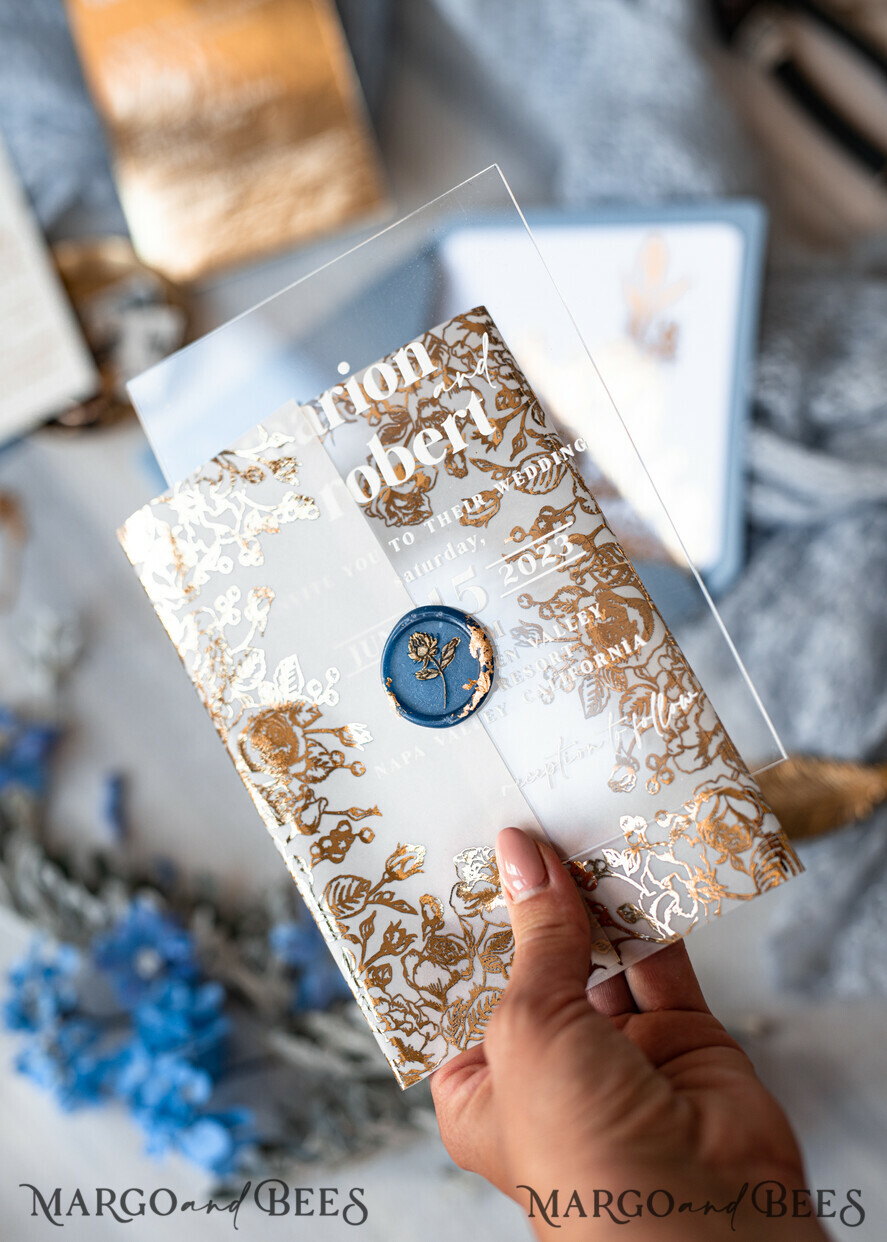 HOCHZEITS EINLADUNGEN Gold / Roségold / Silber / Glitzer Maßgeschneiderte Acryl-Eisblau-Hochzeitseinladung, Glamour staubige blaue Hochzeitseinladungen, moderne goldene Plexi-Hochzeitseinladung Suite, Boho Glam Hochzeitseinladungen mit Wachssiegel.