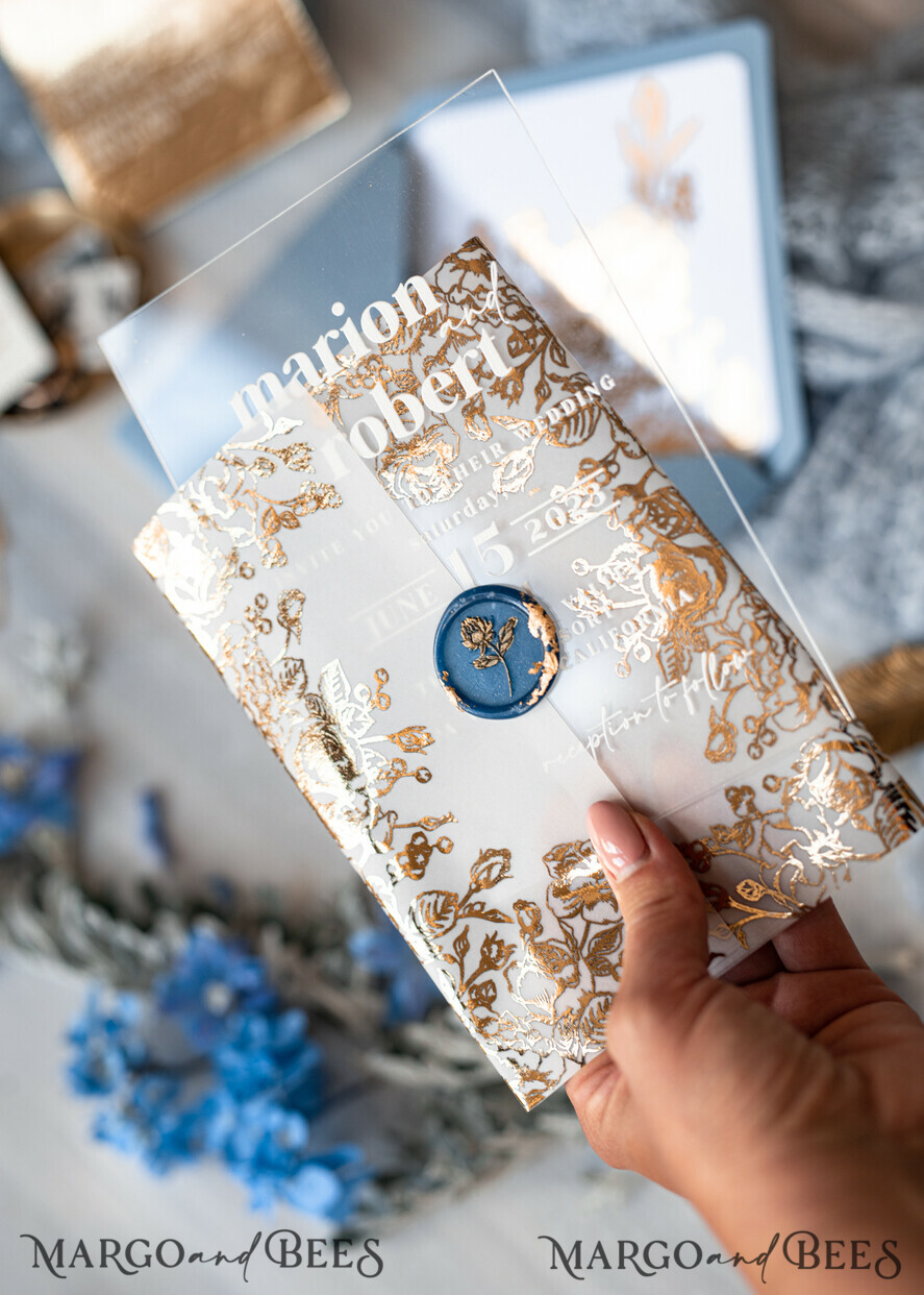 HOCHZEITS EINLADUNGEN Gold / Roségold / Silber / Glitzer Maßgeschneiderte Acryl-Eisblau-Hochzeitseinladung, Glamour staubige blaue Hochzeitseinladungen, moderne goldene Plexi-Hochzeitseinladung Suite, Boho Glam Hochzeitseinladungen mit Wachssiegel.