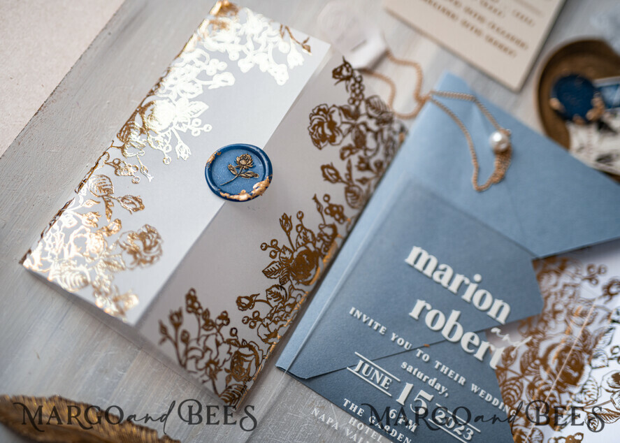 HOCHZEITS EINLADUNGEN Gold / Roségold / Silber / Glitzer Maßgeschneiderte Acryl-Eisblau-Hochzeitseinladung, Glamour staubige blaue Hochzeitseinladungen, moderne goldene Plexi-Hochzeitseinladung Suite, Boho Glam Hochzeitseinladungen mit Wachssiegel.