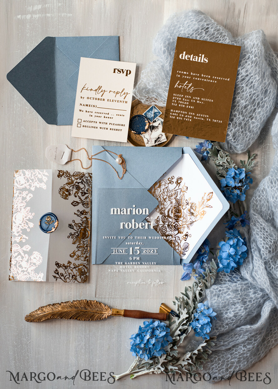 HOCHZEITS EINLADUNGEN Gold / Roségold / Silber / Glitzer Maßgeschneiderte Acryl-Eisblau-Hochzeitseinladung, Glamour staubige blaue Hochzeitseinladungen, moderne goldene Plexi-Hochzeitseinladung Suite, Boho Glam Hochzeitseinladungen mit Wachssiegel.