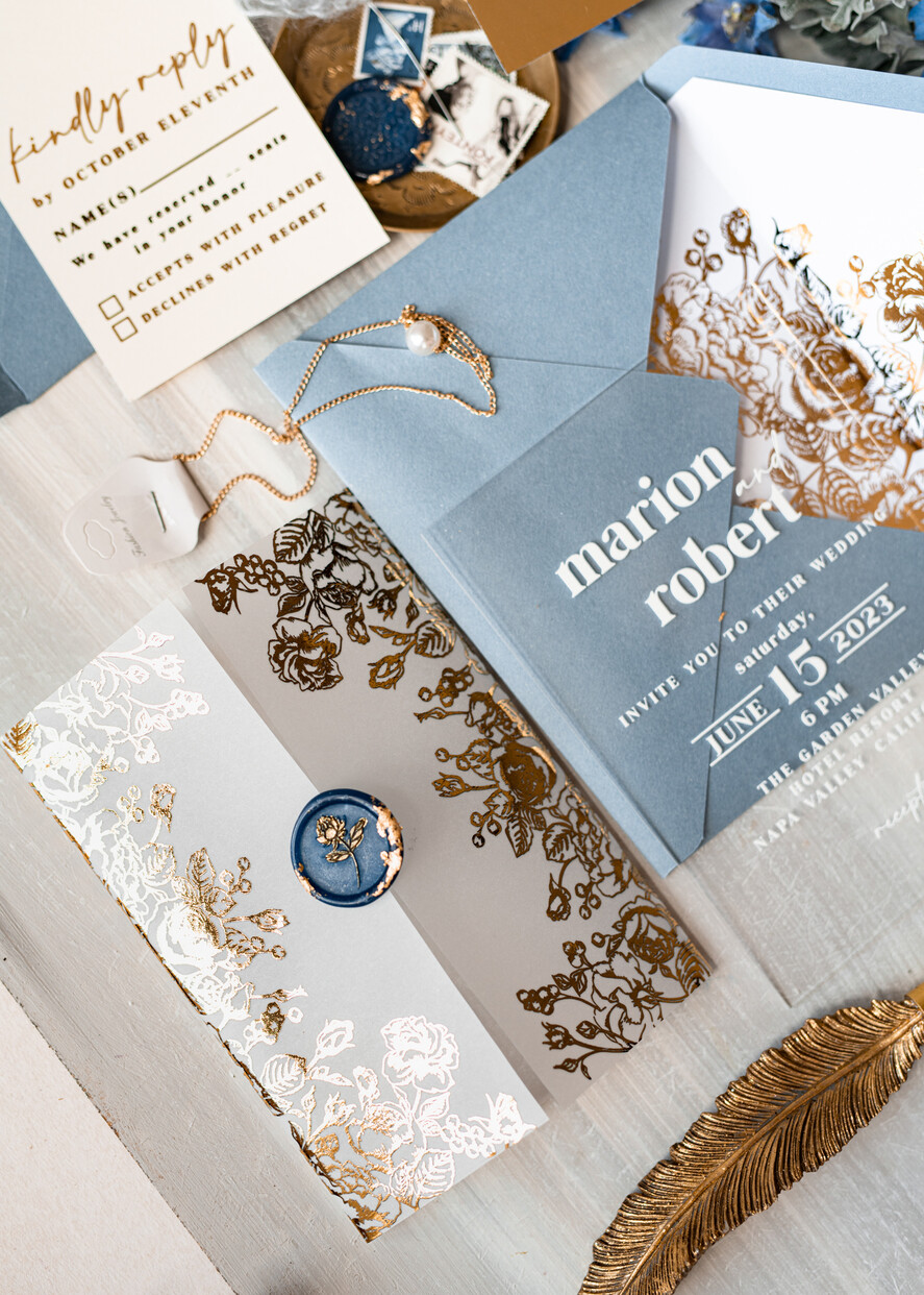 HOCHZEITS EINLADUNGEN Gold / Roségold / Silber / Glitzer Maßgeschneiderte Acryl-Eisblau-Hochzeitseinladung, Glamour staubige blaue Hochzeitseinladungen, moderne goldene Plexi-Hochzeitseinladung Suite, Boho Glam Hochzeitseinladungen mit Wachssiegel.