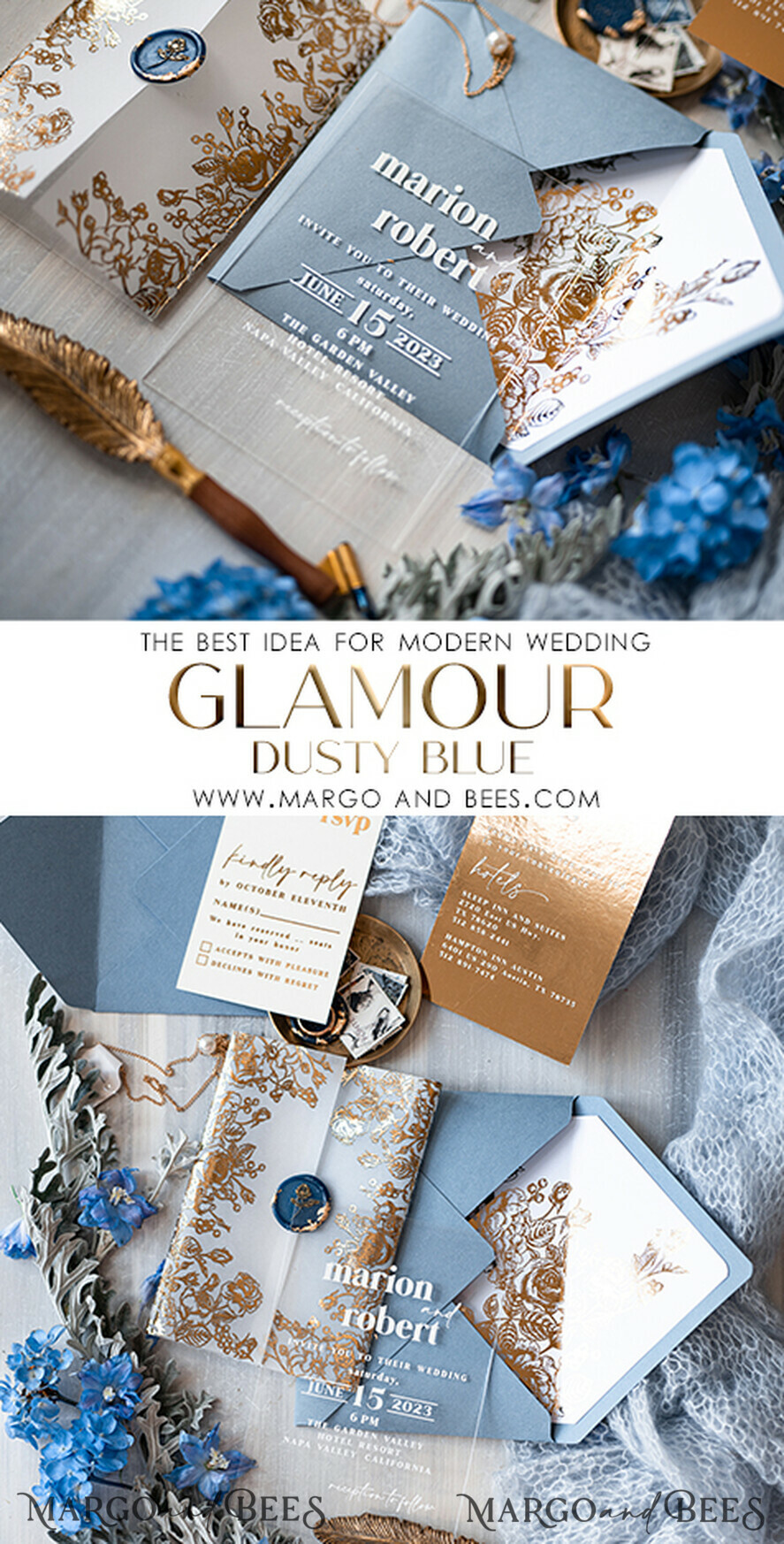 HOCHZEITS EINLADUNGEN Gold / Roségold / Silber / Glitzer Maßgeschneiderte Acryl-Eisblau-Hochzeitseinladung, Glamour staubige blaue Hochzeitseinladungen, moderne goldene Plexi-Hochzeitseinladung Suite, Boho Glam Hochzeitseinladungen mit Wachssiegel.