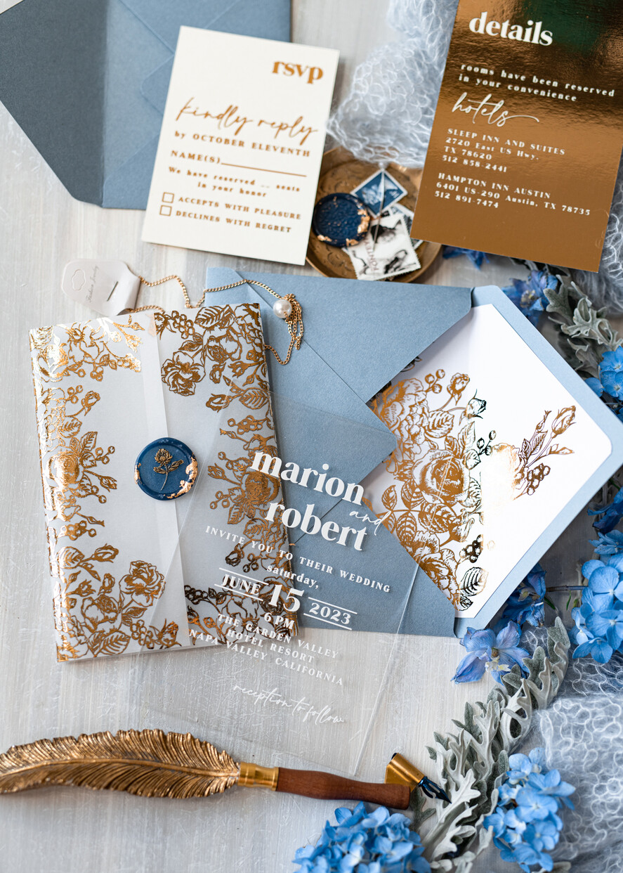 HOCHZEITS EINLADUNGEN Gold / Roségold / Silber / Glitzer Maßgeschneiderte Acryl-Eisblau-Hochzeitseinladung, Glamour staubige blaue Hochzeitseinladungen, moderne goldene Plexi-Hochzeitseinladung Suite, Boho Glam Hochzeitseinladungen mit Wachssiegel.