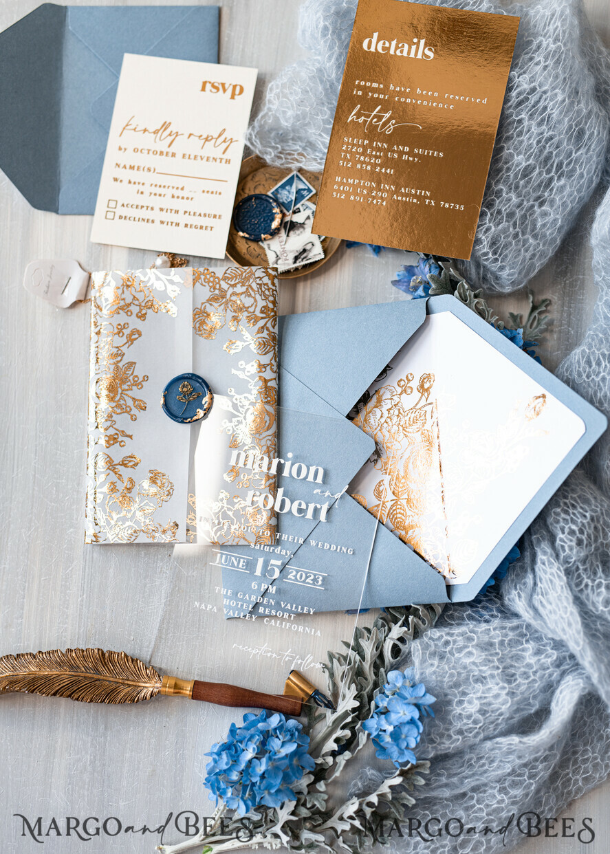 HOCHZEITS EINLADUNGEN Gold / Roségold / Silber / Glitzer Maßgeschneiderte Acryl-Eisblau-Hochzeitseinladung, Glamour staubige blaue Hochzeitseinladungen, moderne goldene Plexi-Hochzeitseinladung Suite, Boho Glam Hochzeitseinladungen mit Wachssiegel.