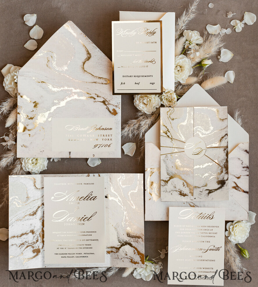 HOCHZEITS EINLADUNGEN Gold / Roségold / Silber / Glitzer Goldene Marmor-Hochzeitskarten, luxuriöses Goldfolien-Hochzeitseinladungset, Marmor-Glamour-Hochzeitseinladungssuite, elegante Hochzeitskarten Marmor