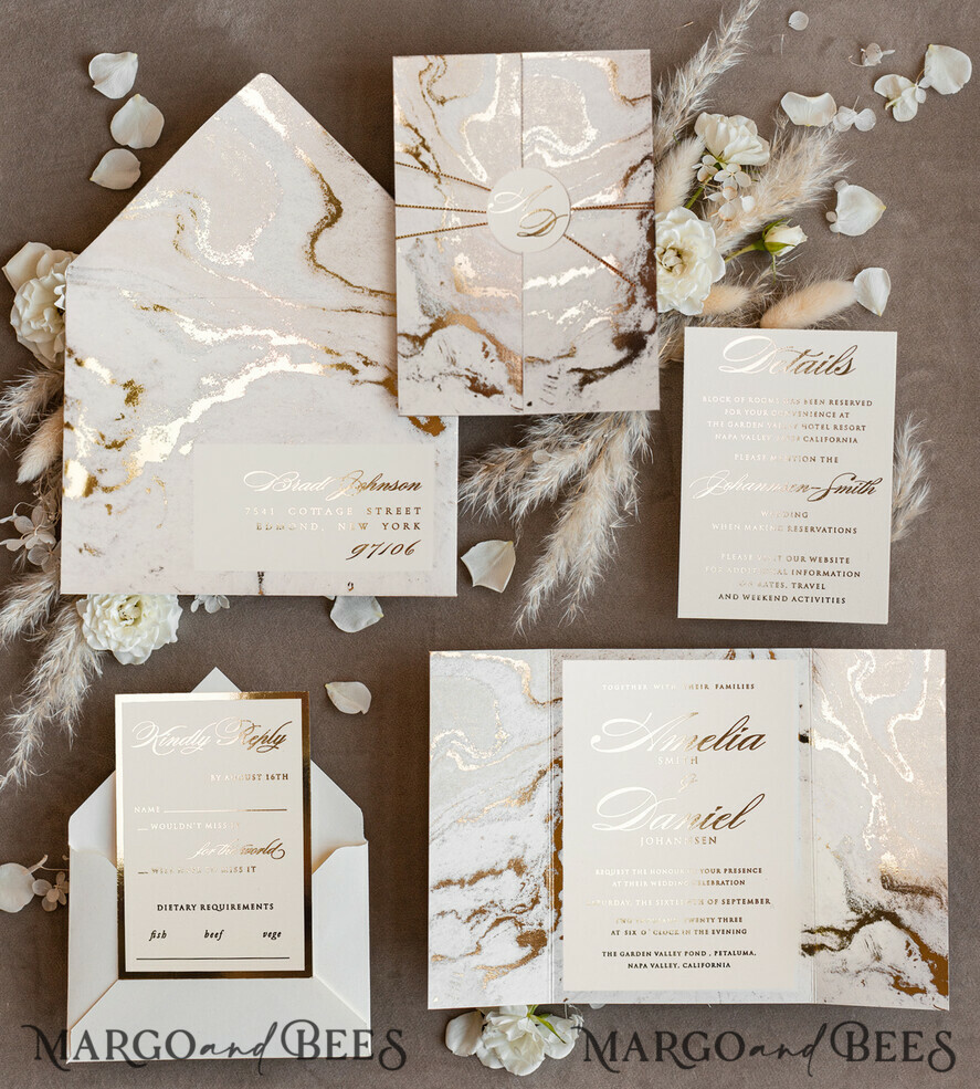 HOCHZEITS EINLADUNGEN Gold / Roségold / Silber / Glitzer Goldene Marmor-Hochzeitskarten, luxuriöses Goldfolien-Hochzeitseinladungset, Marmor-Glamour-Hochzeitseinladungssuite, elegante Hochzeitskarten Marmor