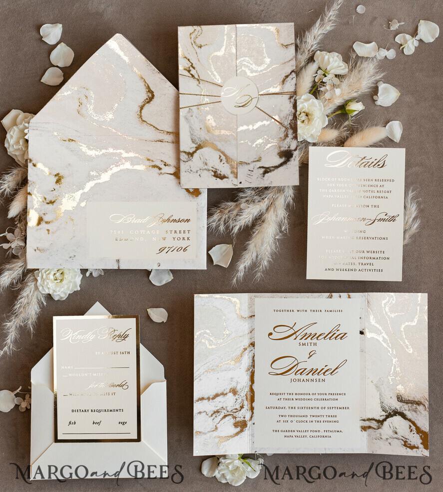 HOCHZEITS EINLADUNGEN Gold / Roségold / Silber / Glitzer Goldene Marmor-Hochzeitskarten, luxuriöses Goldfolien-Hochzeitseinladungset, Marmor-Glamour-Hochzeitseinladungssuite, elegante Hochzeitskarten Marmor