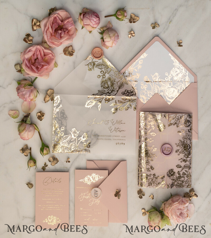 HOCHZEITS EINLADUNGEN Gold / Roségold / Silber / Glitzer Luxuriöse goldene Hochzeitseinladungen, maßgeschneiderte Hochzeits Einladungskarten in zartem Rosé, elegante Pergament-Hochzeitskarten mit Goldfolie, glamouröse Hochzeits Einladungen.