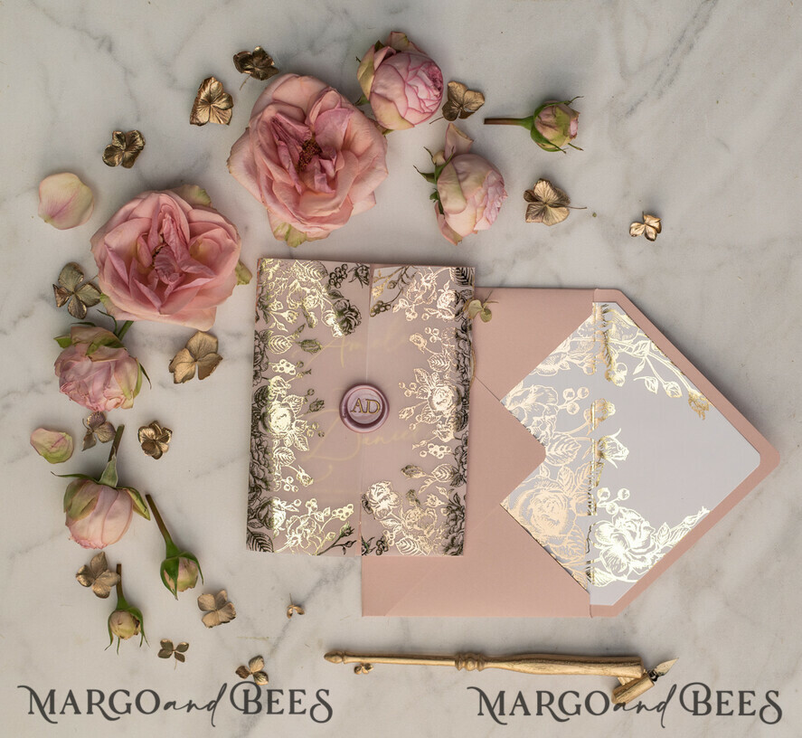 HOCHZEITS EINLADUNGEN Gold / Roségold / Silber / Glitzer Luxuriöse goldene Hochzeitseinladungen, maßgeschneiderte Hochzeits Einladungskarten in zartem Rosé, elegante Pergament-Hochzeitskarten mit Goldfolie, glamouröse Hochzeits Einladungen.