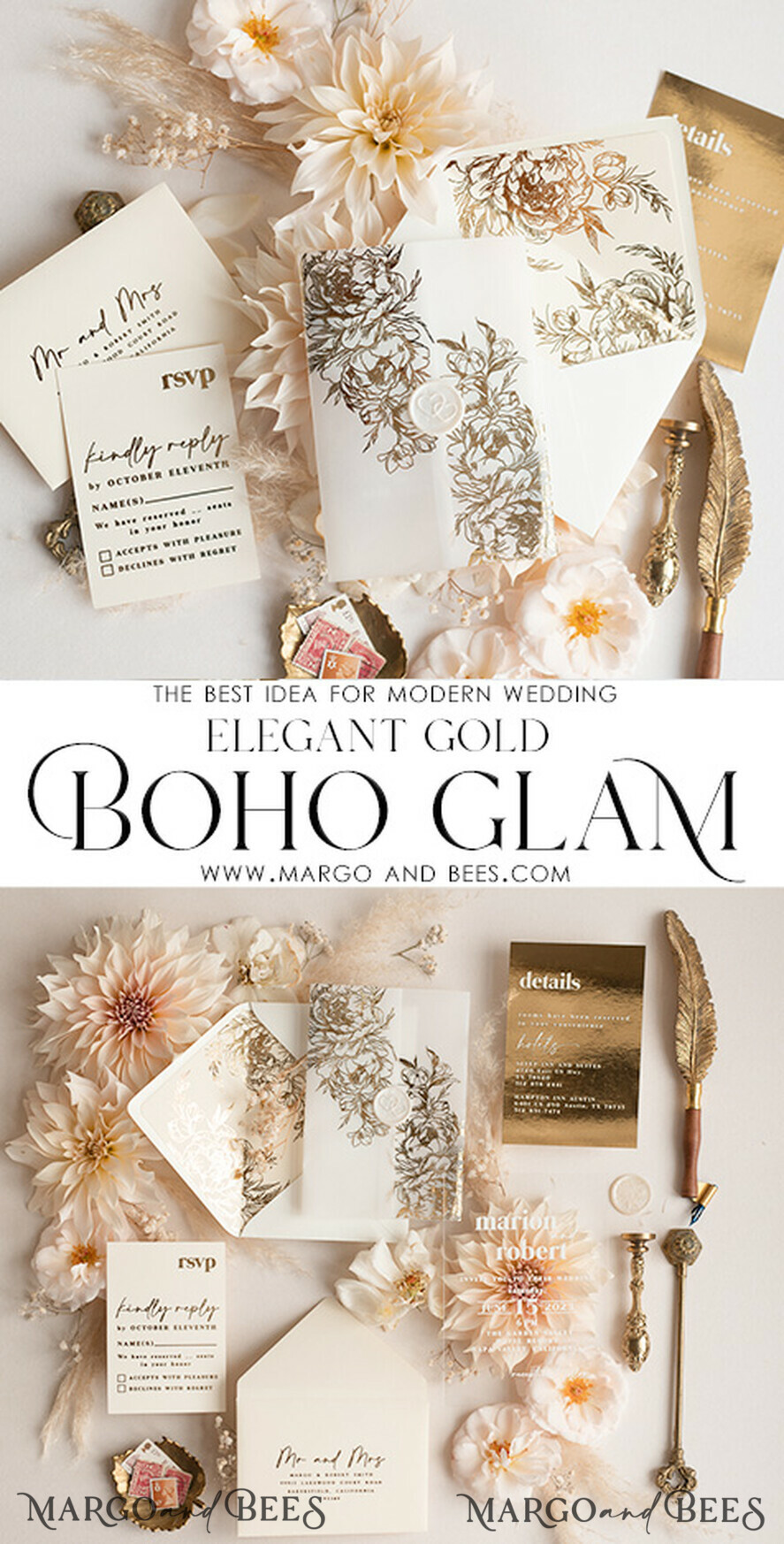 HOCHZEITS EINLADUNGEN Gold / Roségold / Silber / Glitzer Acryl-Hochzeitseinladungssatz, Boho Glam Hochzeitseinladungen, Goldener Glanz Hochzeitseinladungen, Elegante Gold Hochzeitseinladungen