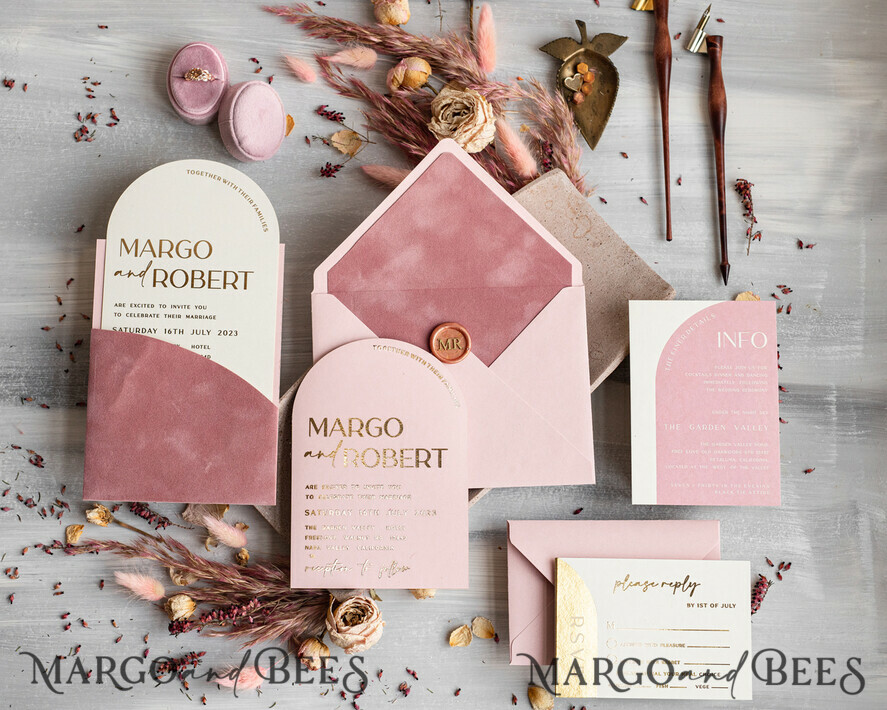HOCHZEITS EINLADUNGEN Gold / Roségold / Silber / Glitzer Arch Hochzeits Einladungset, Blush Pink Goldene Hochzeitskarten mit Rsvp Samt Tasche, Blush Pink Moderne Hochzeitskarten