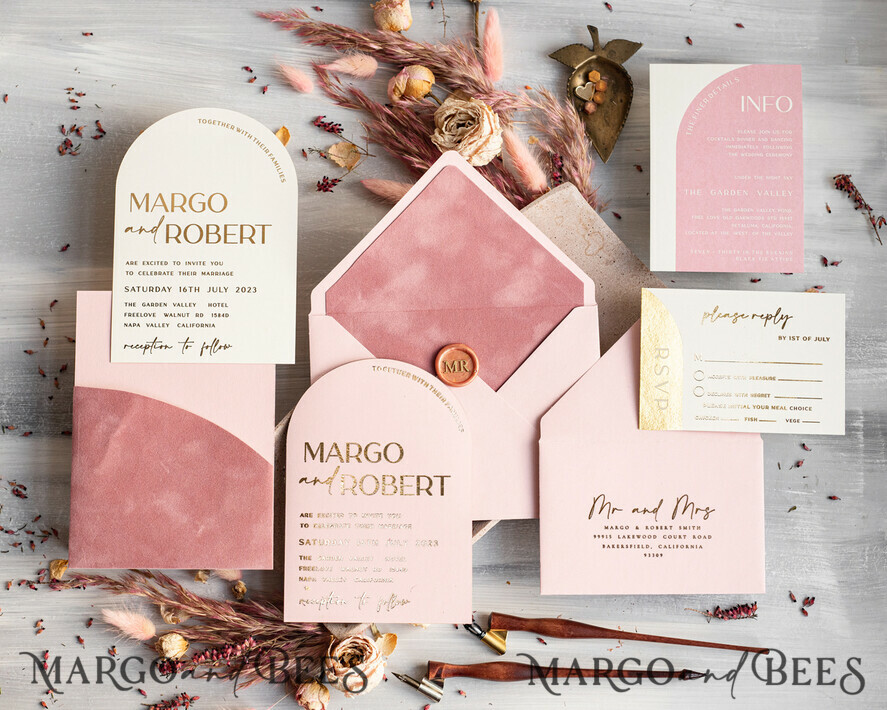 HOCHZEITS EINLADUNGEN Gold / Roségold / Silber / Glitzer Arch Hochzeits Einladungset, Blush Pink Goldene Hochzeitskarten mit Rsvp Samt Tasche, Blush Pink Moderne Hochzeitskarten