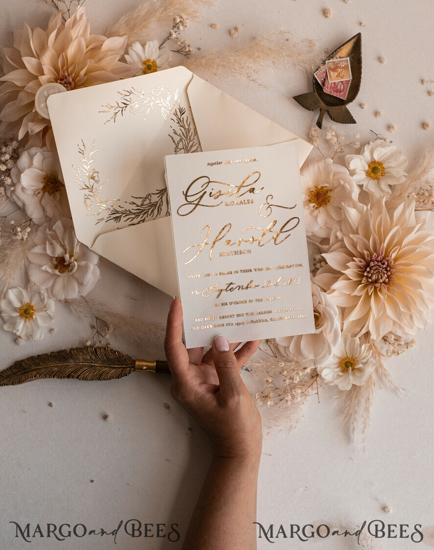 HOCHZEITS EINLADUNGEN Gold / Roségold / Silber / Glitzer Boho Goldene Elfenbein Hochzeitskarten, Vellum Gold Hochzeitskarten, feine Kunst Hochzeits Einladungssuite, maßgeschneiderte Hochzeitsstationery
