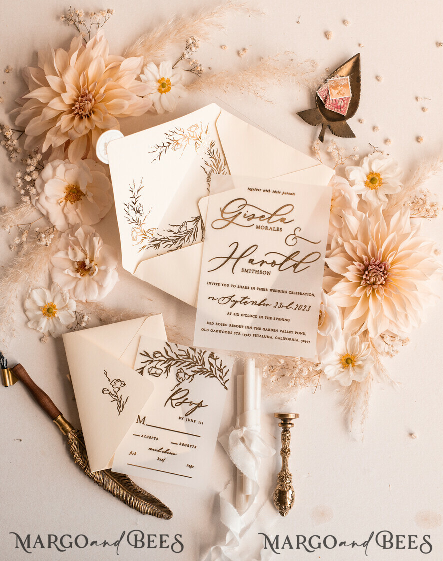 HOCHZEITS EINLADUNGEN Gold / Roségold / Silber / Glitzer Boho Goldene Elfenbein Hochzeitskarten, Vellum Gold Hochzeitskarten, feine Kunst Hochzeits Einladungssuite, maßgeschneiderte Hochzeitsstationery