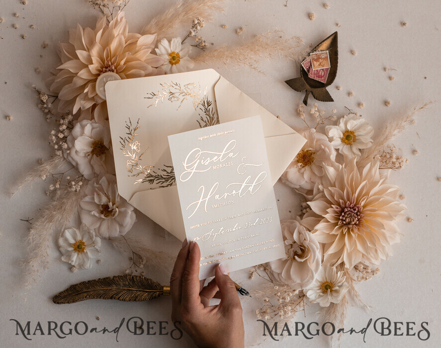 HOCHZEITS EINLADUNGEN Gold / Roségold / Silber / Glitzer Boho Goldene Elfenbein Hochzeitskarten, Vellum Gold Hochzeitskarten, feine Kunst Hochzeits Einladungssuite, maßgeschneiderte Hochzeitsstationery
