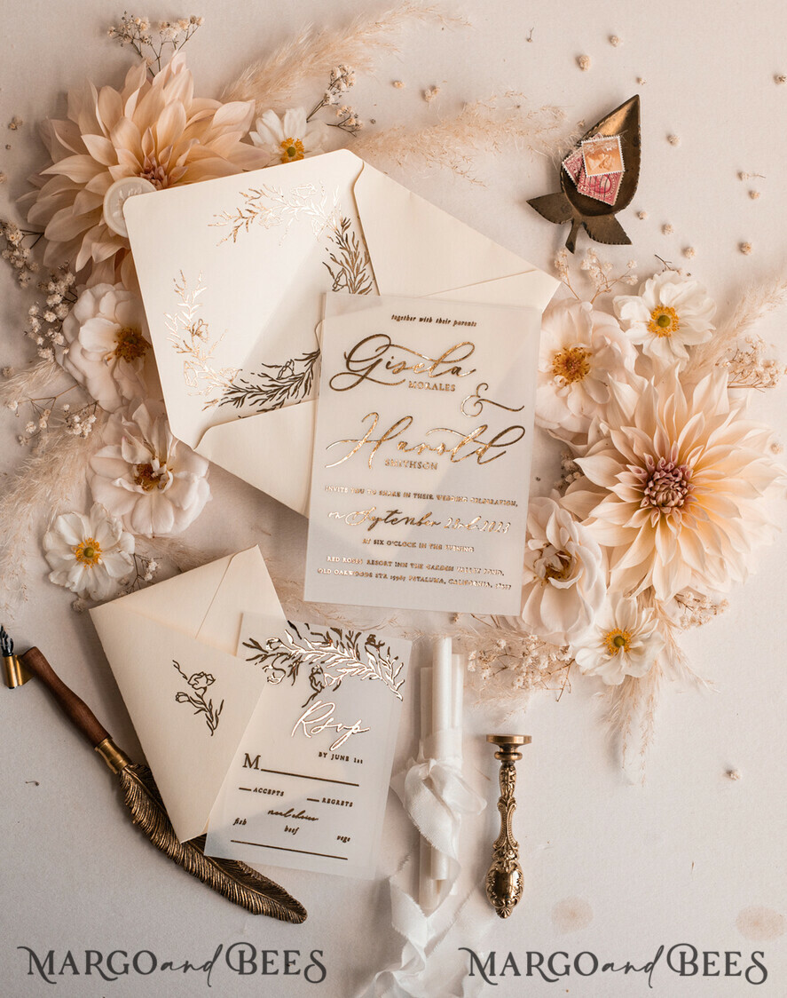 HOCHZEITS EINLADUNGEN Gold / Roségold / Silber / Glitzer Boho Goldene Elfenbein Hochzeitskarten, Vellum Gold Hochzeitskarten, feine Kunst Hochzeits Einladungssuite, maßgeschneiderte Hochzeitsstationery