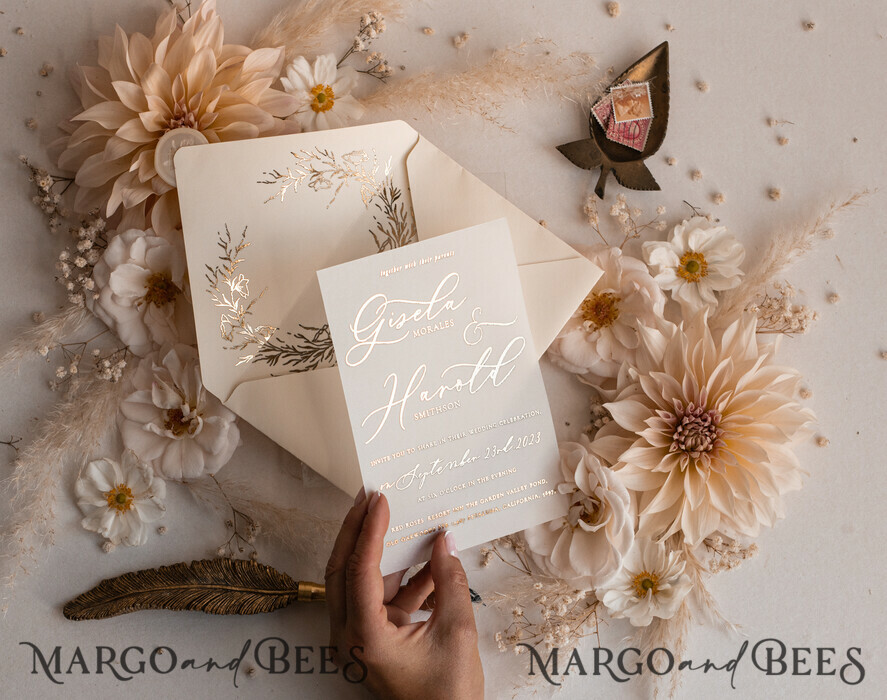 HOCHZEITS EINLADUNGEN Gold / Roségold / Silber / Glitzer Boho Goldene Elfenbein Hochzeitskarten, Vellum Gold Hochzeitskarten, feine Kunst Hochzeits Einladungssuite, maßgeschneiderte Hochzeitsstationery