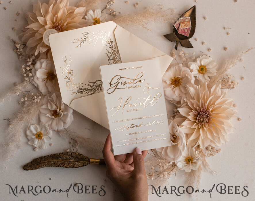 HOCHZEITS EINLADUNGEN Gold / Roségold / Silber / Glitzer Boho Goldene Elfenbein Hochzeitskarten, Vellum Gold Hochzeitskarten, feine Kunst Hochzeits Einladungssuite, maßgeschneiderte Hochzeitsstationery