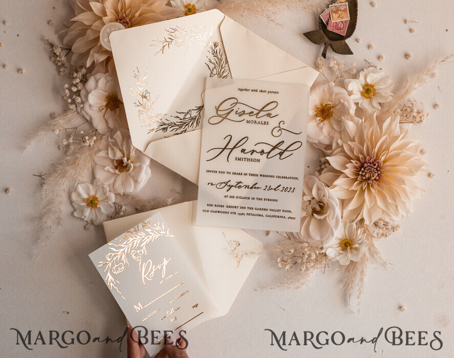 HOCHZEITS EINLADUNGEN Gold / Roségold / Silber / Glitzer Boho Goldene Elfenbein Hochzeitskarten, Vellum Gold Hochzeitskarten, feine Kunst Hochzeits Einladungssuite, maßgeschneiderte Hochzeitsstationery