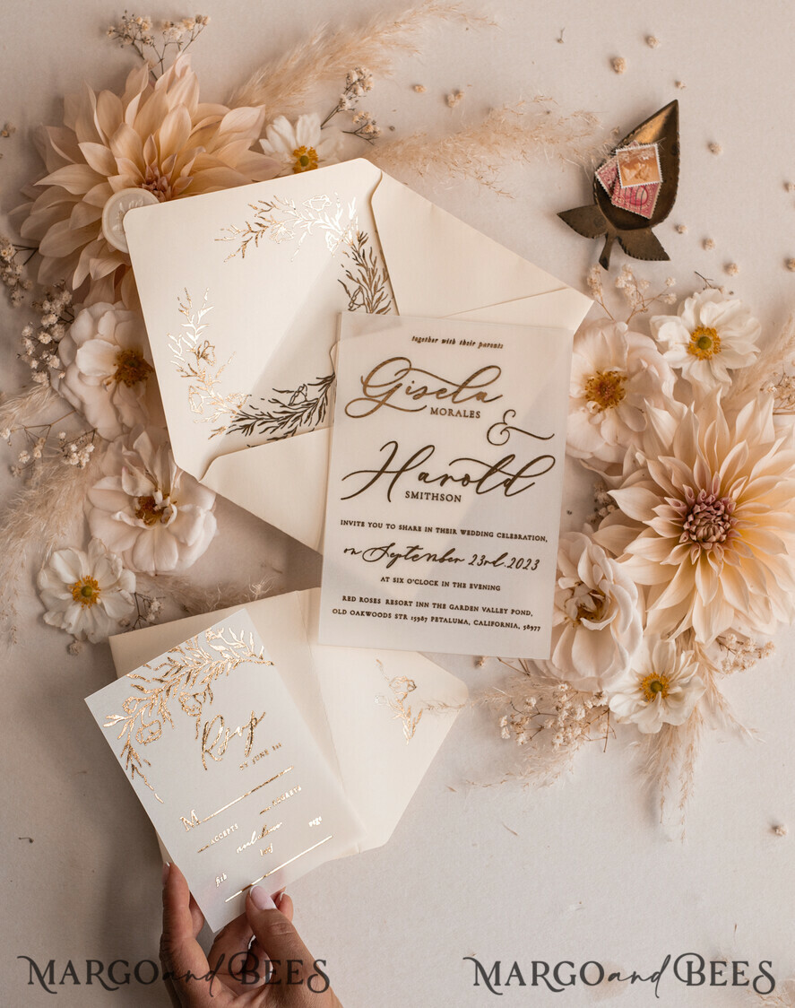 HOCHZEITS EINLADUNGEN Gold / Roségold / Silber / Glitzer Boho Goldene Elfenbein Hochzeitskarten, Vellum Gold Hochzeitskarten, feine Kunst Hochzeits Einladungssuite, maßgeschneiderte Hochzeitsstationery