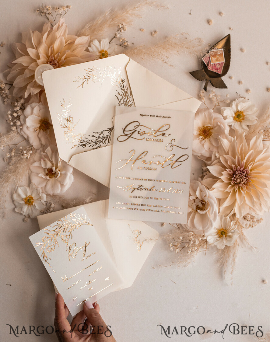HOCHZEITS EINLADUNGEN Gold / Roségold / Silber / Glitzer Boho Goldene Elfenbein Hochzeitskarten, Vellum Gold Hochzeitskarten, feine Kunst Hochzeits Einladungssuite, maßgeschneiderte Hochzeitsstationery