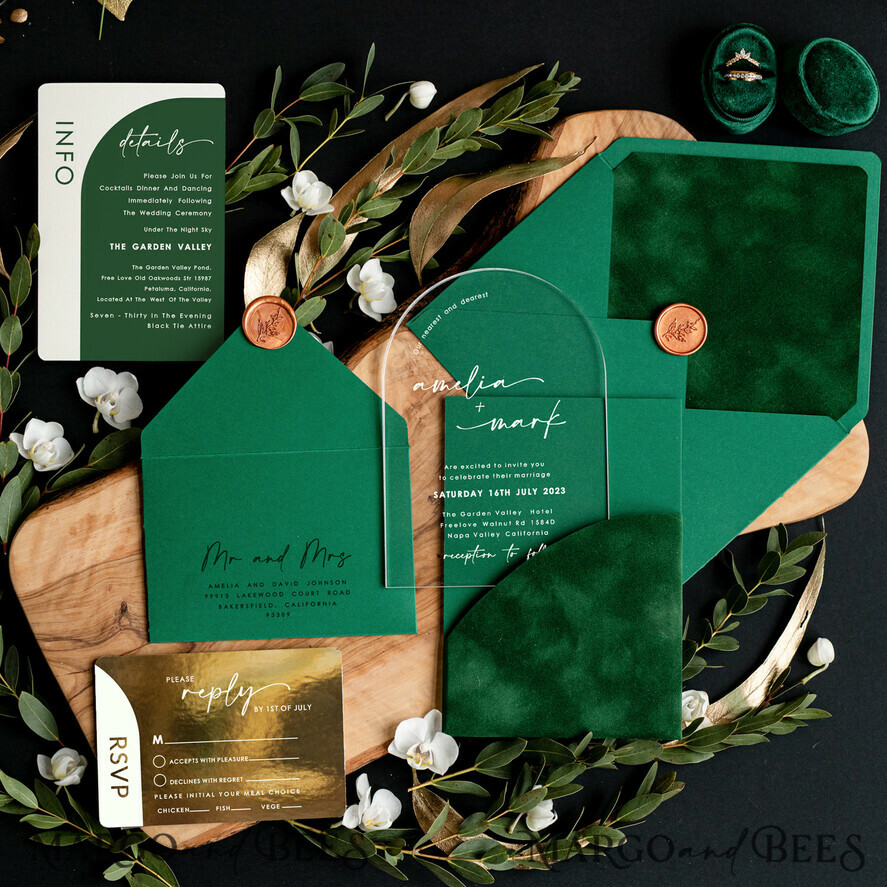 HOCHZEITS EINLADUNGEN Gold / Roségold / Silber / Glitzer Smaragdgrüne Samthochzeits-Einladungen, Acrylbogen-Hochzeitseinladungen, Grünpflanzen-Samthochzeitseinladungssatz, moderne Gartenhochzeitsstationery, Boho-Hochzeitsideen, klare transparente Hochzeitseinladung mit rsvp, grün und gold Acryl-Hochzeitseinladungssatz