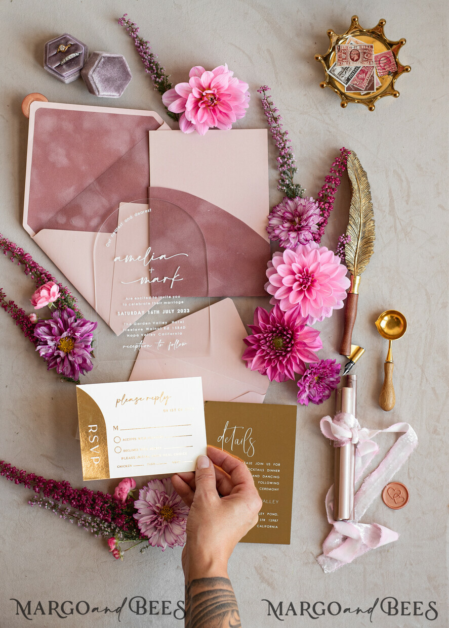 HOCHZEITS EINLADUNGEN Gold / Roségold / Silber / Glitzer Arch Gold Acryl Hochzeitsinvitation Suite, Samtumschlag Blush Pink Hochzeitskarten, Boho Hochzeitskarten