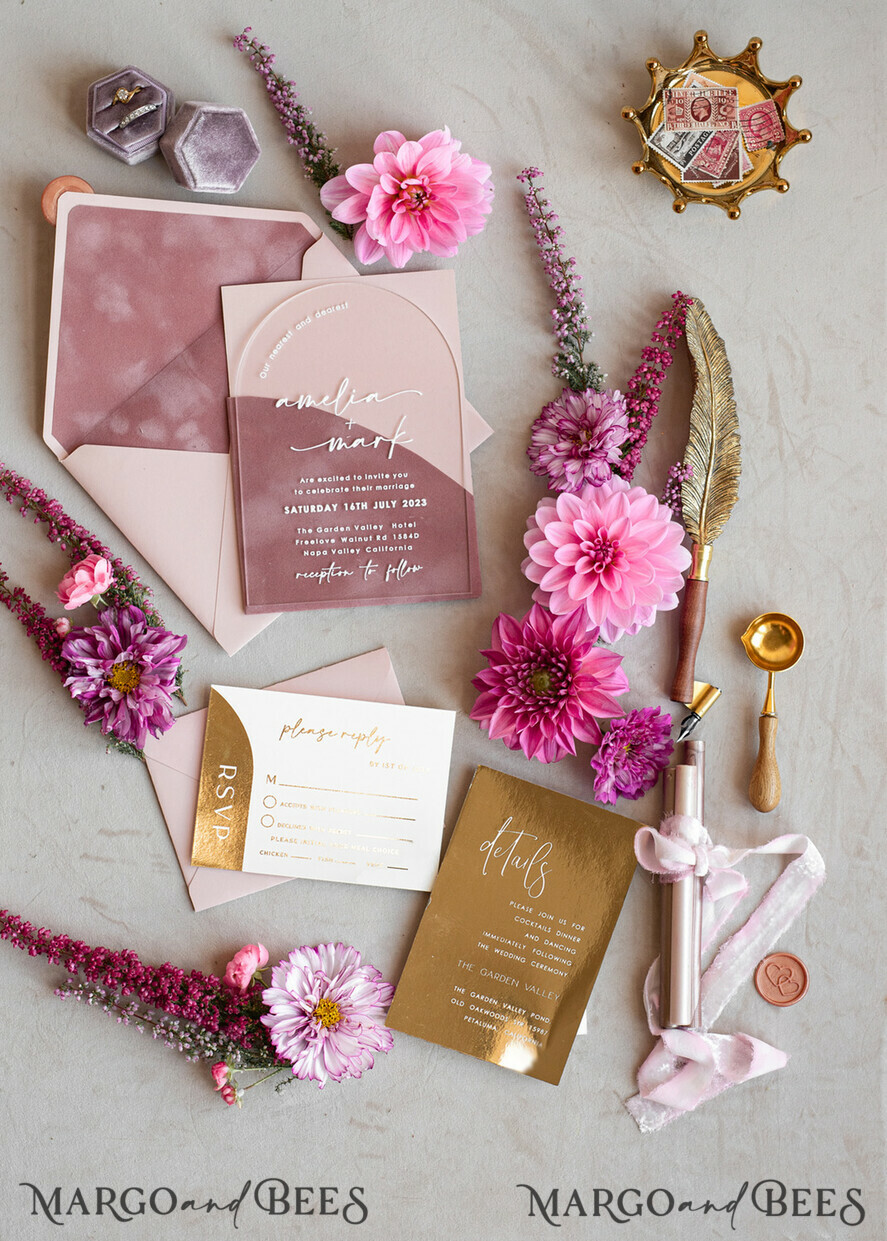 HOCHZEITS EINLADUNGEN Gold / Roségold / Silber / Glitzer Arch Gold Acryl Hochzeitsinvitation Suite, Samtumschlag Blush Pink Hochzeitskarten, Boho Hochzeitskarten