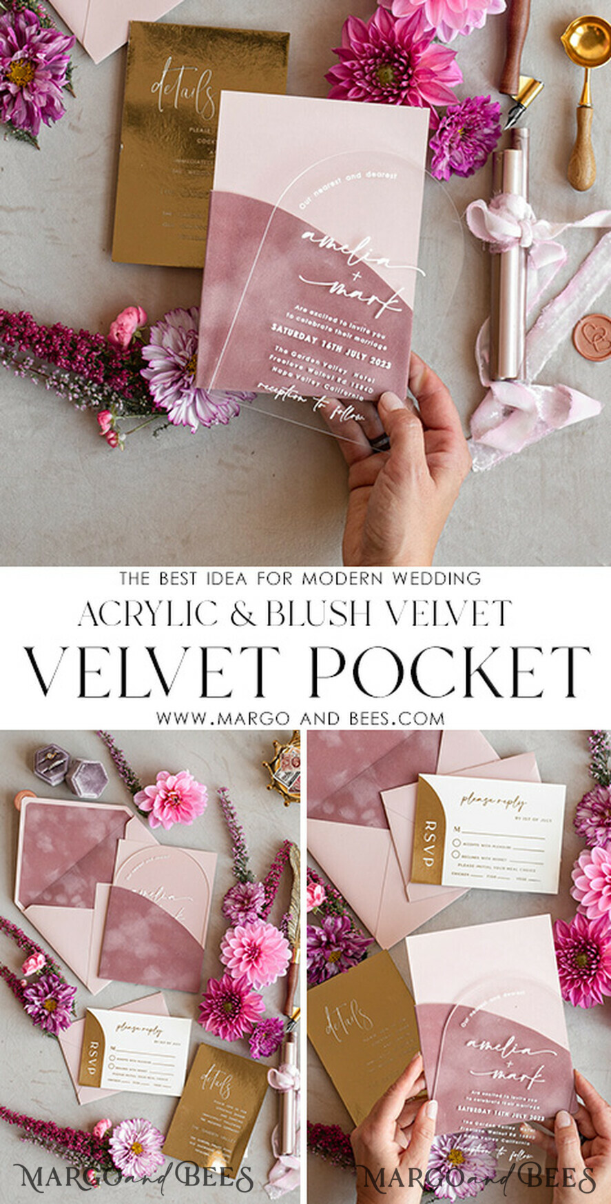 HOCHZEITS EINLADUNGEN Gold / Roségold / Silber / Glitzer Arch Gold Acryl Hochzeitsinvitation Suite, Samtumschlag Blush Pink Hochzeitskarten, Boho Hochzeitskarten