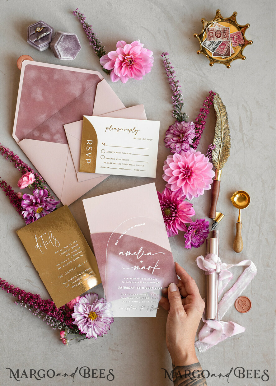 HOCHZEITS EINLADUNGEN Gold / Roségold / Silber / Glitzer Arch Gold Acryl Hochzeitsinvitation Suite, Samtumschlag Blush Pink Hochzeitskarten, Boho Hochzeitskarten