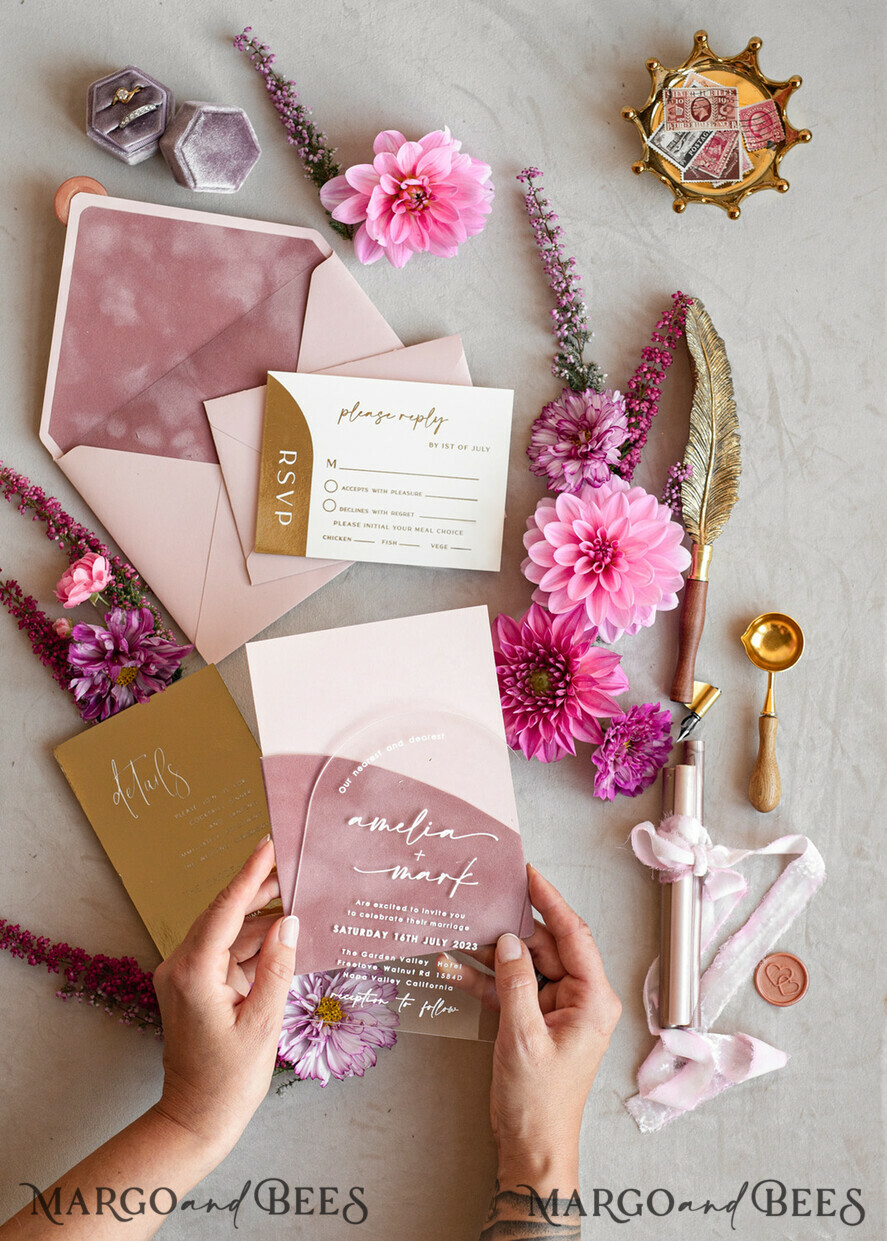 HOCHZEITS EINLADUNGEN Gold / Roségold / Silber / Glitzer Arch Gold Acryl Hochzeitsinvitation Suite, Samtumschlag Blush Pink Hochzeitskarten, Boho Hochzeitskarten
