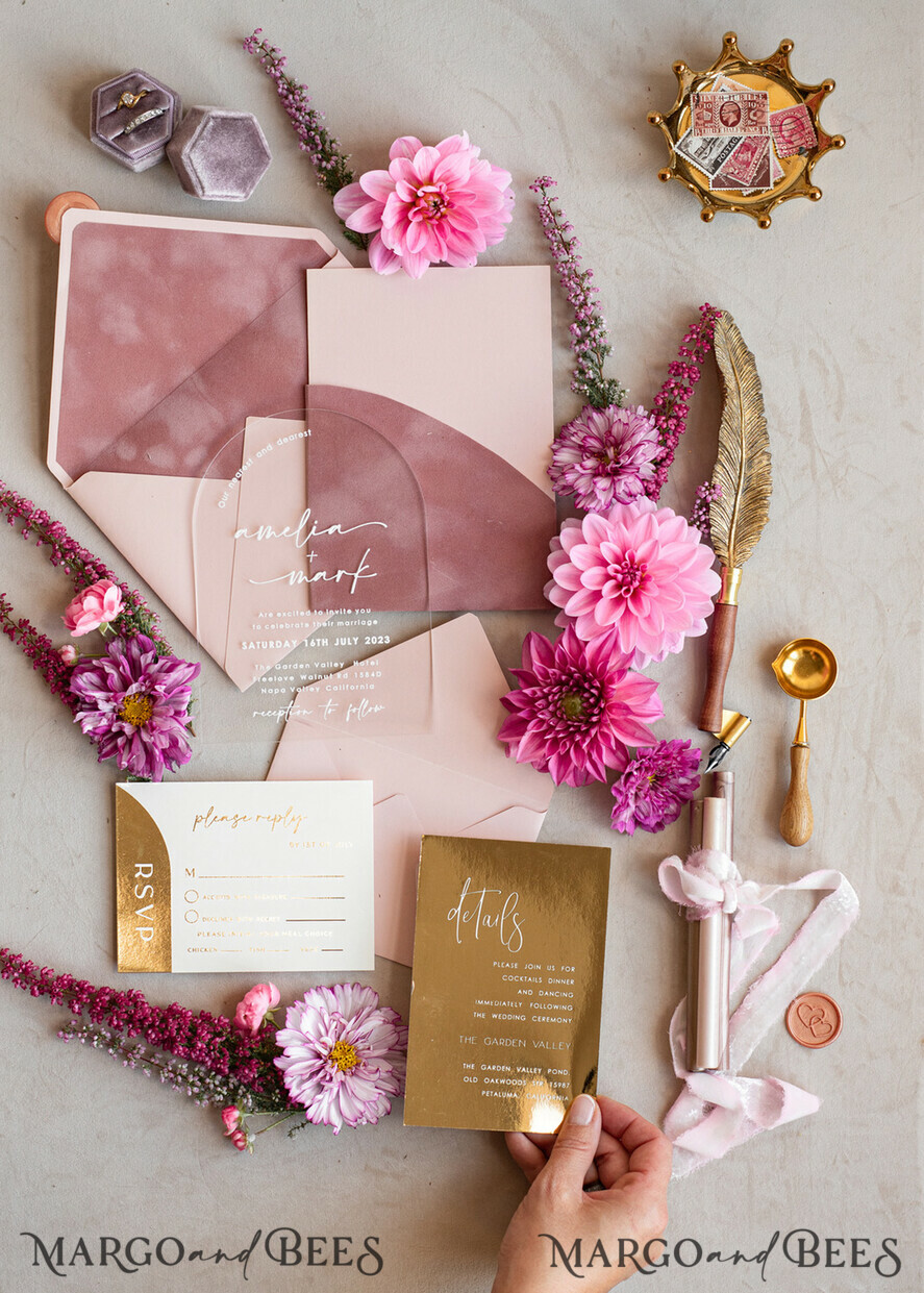 HOCHZEITS EINLADUNGEN Gold / Roségold / Silber / Glitzer Arch Gold Acryl Hochzeitsinvitation Suite, Samtumschlag Blush Pink Hochzeitskarten, Boho Hochzeitskarten