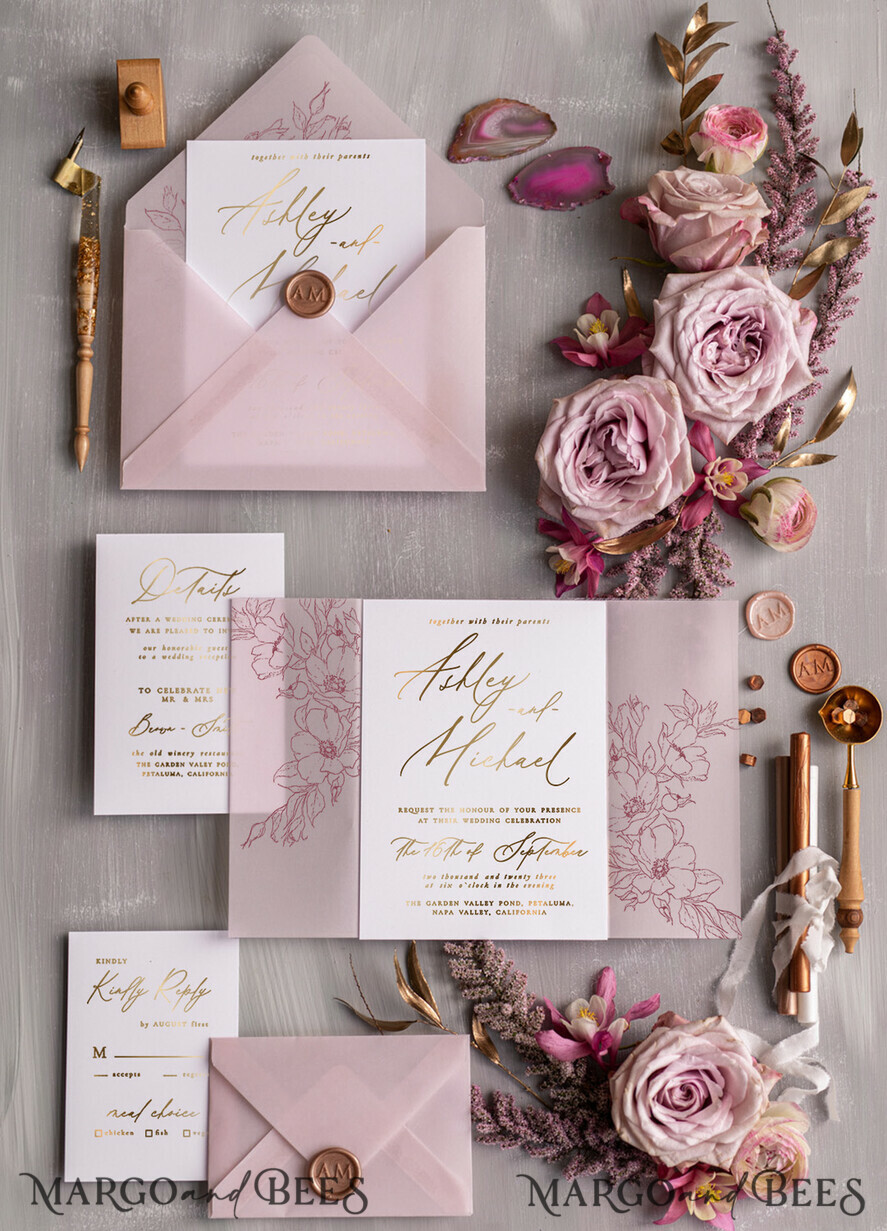 HOCHZEITS EINLADUNGEN Gold / Roségold / Silber / Glitzer Luxuriöses Blush-Pink-Hochzeitseinladung-Set, elegante Blush-Pink-Hochzeitskarten, Boho-Pink-Hochzeitseinladungen, luxuriöse elegante Hochzeitsstationery.