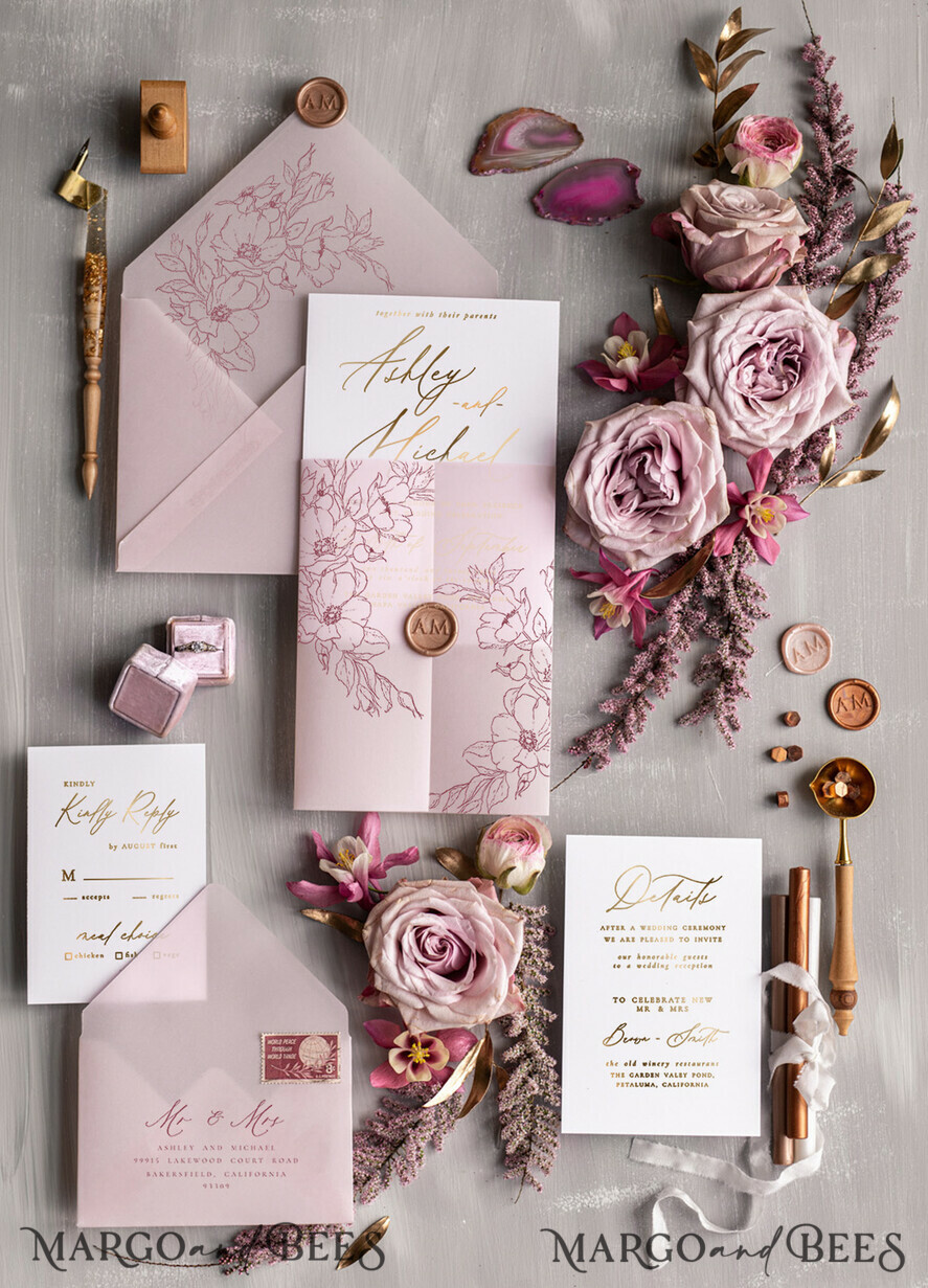 HOCHZEITS EINLADUNGEN Gold / Roségold / Silber / Glitzer Luxuriöses Blush-Pink-Hochzeitseinladung-Set, elegante Blush-Pink-Hochzeitskarten, Boho-Pink-Hochzeitseinladungen, luxuriöse elegante Hochzeitsstationery.