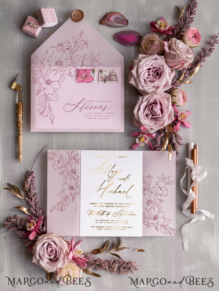 HOCHZEITS EINLADUNGEN Gold / Roségold / Silber / Glitzer Luxuriöses Blush-Pink-Hochzeitseinladung-Set, elegante Blush-Pink-Hochzeitskarten, Boho-Pink-Hochzeitseinladungen, luxuriöse elegante Hochzeitsstationery.