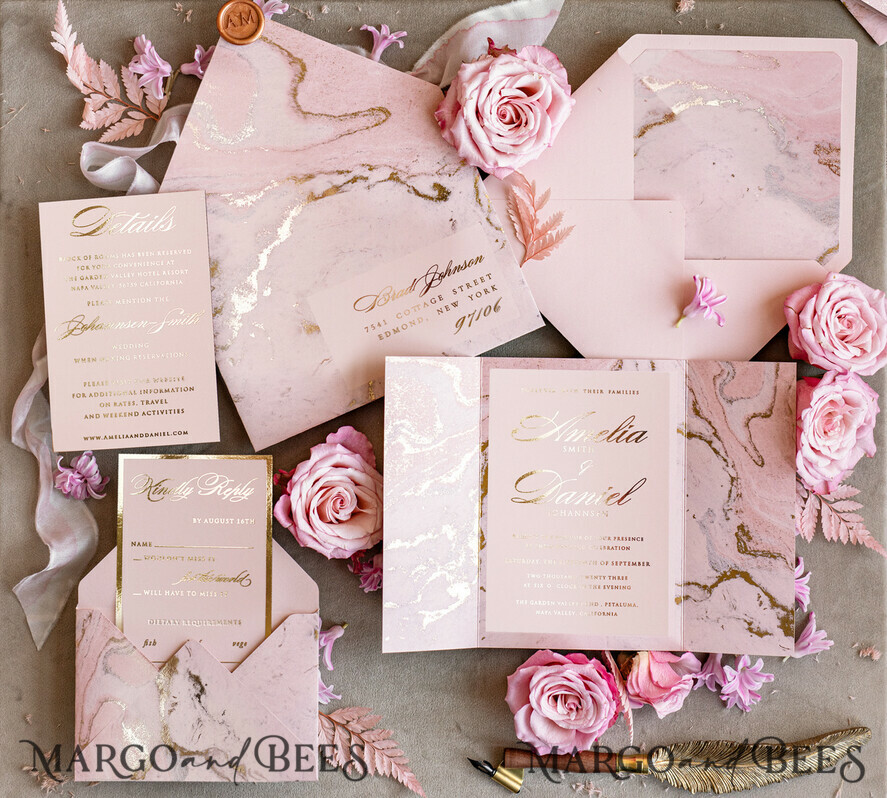 HOCHZEITS EINLADUNGEN Gold / Roségold / Silber / Glitzer Personalisierte Marmor-Hochzeitseinladungen, luxuriöses Goldfolie-Hochzeitseinladungsset, Blush Pink Marmor Glamour Hochzeitseinladung Suite, luxuriöse Hochzeitseinladungen Blush Pink Marmor