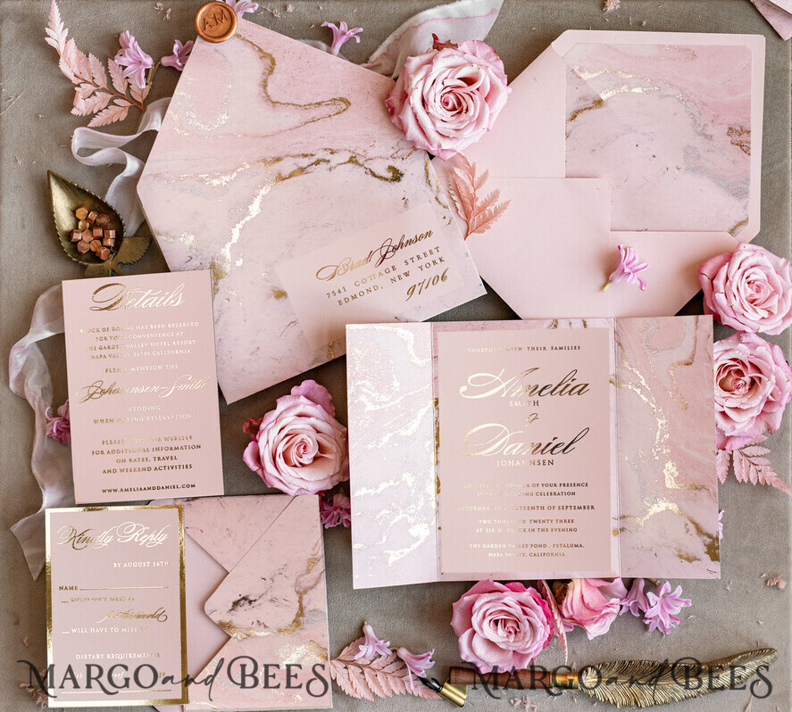 HOCHZEITS EINLADUNGEN Gold / Roségold / Silber / Glitzer Personalisierte Marmor-Hochzeitseinladungen, luxuriöses Goldfolie-Hochzeitseinladungsset, Blush Pink Marmor Glamour Hochzeitseinladung Suite, luxuriöse Hochzeitseinladungen Blush Pink Marmor