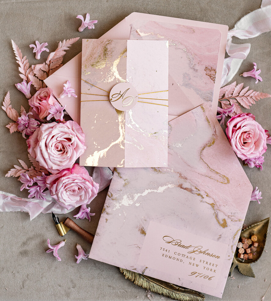 HOCHZEITS EINLADUNGEN Gold / Roségold / Silber / Glitzer Personalisierte Marmor-Hochzeitseinladungen, luxuriöses Goldfolie-Hochzeitseinladungsset, Blush Pink Marmor Glamour Hochzeitseinladung Suite, luxuriöse Hochzeitseinladungen Blush Pink Marmor