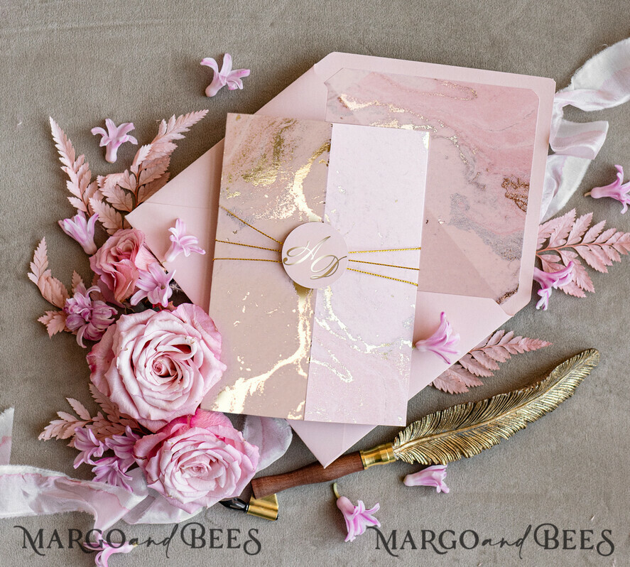 HOCHZEITS EINLADUNGEN Gold / Roségold / Silber / Glitzer Personalisierte Marmor-Hochzeitseinladungen, luxuriöses Goldfolie-Hochzeitseinladungsset, Blush Pink Marmor Glamour Hochzeitseinladung Suite, luxuriöse Hochzeitseinladungen Blush Pink Marmor
