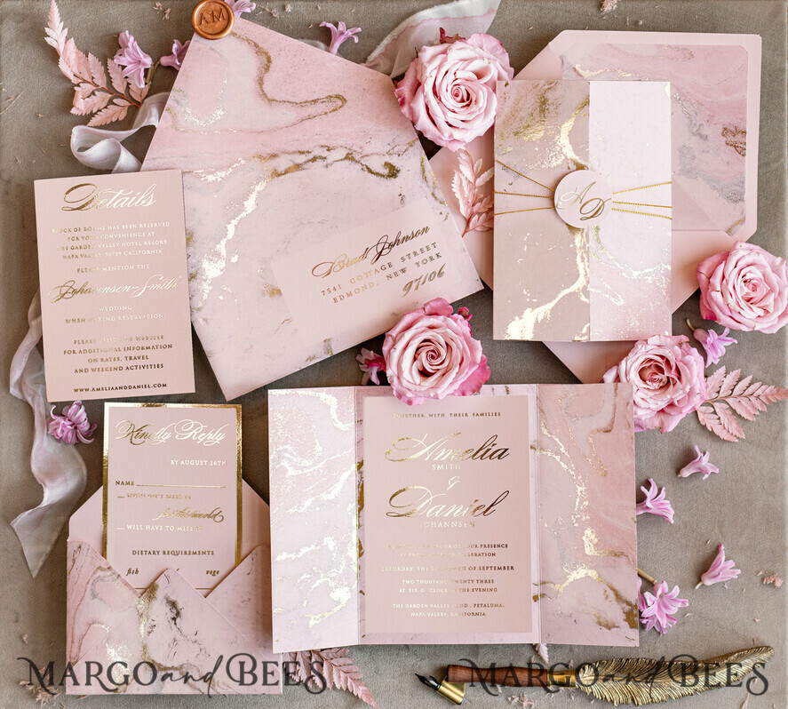 HOCHZEITS EINLADUNGEN Gold / Roségold / Silber / Glitzer Personalisierte Marmor-Hochzeitseinladungen, luxuriöses Goldfolie-Hochzeitseinladungsset, Blush Pink Marmor Glamour Hochzeitseinladung Suite, luxuriöse Hochzeitseinladungen Blush Pink Marmor