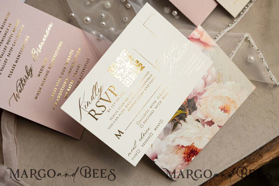 HOCHZEITS EINLADUNGEN Gold / Roségold / Silber / Glitzer Blush Pink Chiffon Schleife mit Perlen maßgeschneiderte elegante Pfingstrose Roségold Hochzeits-Einladung Suite, weiße Perlen goldene Hochzeitskarten, Boho goldene Mappe Hochzeitsstationery, Vellum Etui mit Monogramm.