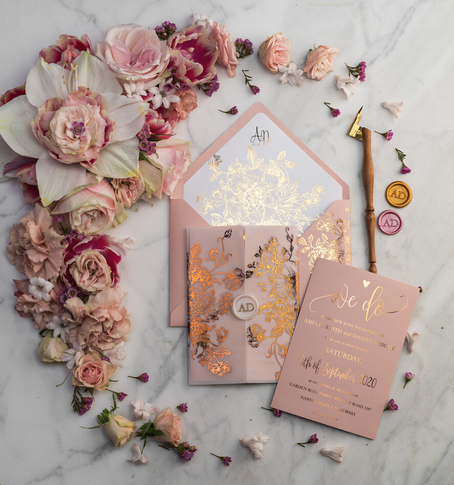 HOCHZEITS EINLADUNGEN Gold / Roségold / Silber / Glitzer Luxus Pergament Goldfolien Hochzeitskarten, elegante Blush-Pink Hochzeitskarten-Suite, Glamour Hochzeitskarten, goldenes Glanz Hochzeitskarten-Suite