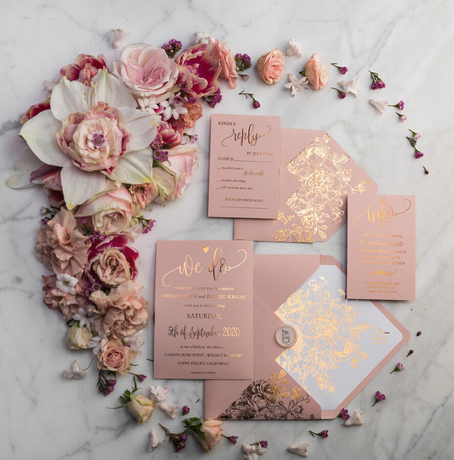 HOCHZEITS EINLADUNGEN Gold / Roségold / Silber / Glitzer Luxus Pergament Goldfolien Hochzeitskarten, elegante Blush-Pink Hochzeitskarten-Suite, Glamour Hochzeitskarten, goldenes Glanz Hochzeitskarten-Suite