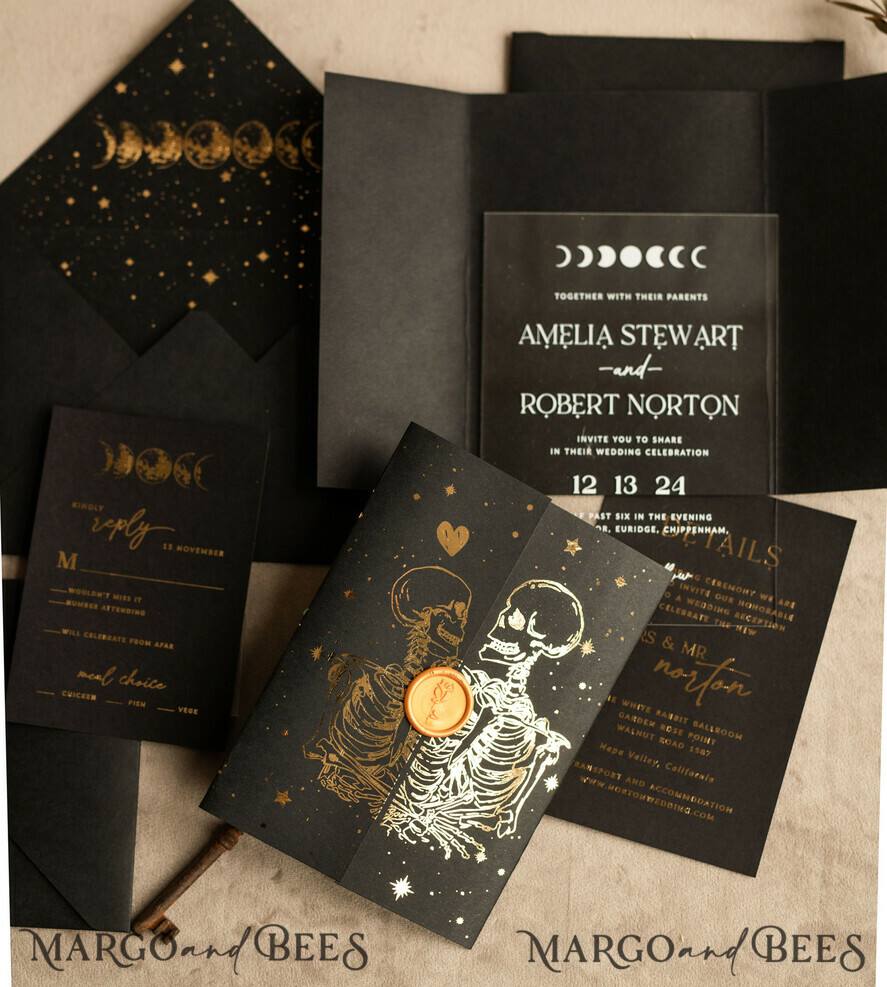 HOCHZEITS EINLADUNGEN Gold / Roségold / Silber / Glitzer Halloween Gold Hochzeits Einladungen, Schwarz und Gold Acryl Einladung Set, Mond Tarot Hochzeits Einladungskarten, Gold Skelett Hochzeits Set