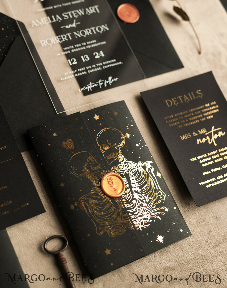 HOCHZEITS EINLADUNGEN Gold / Roségold / Silber / Glitzer Halloween Gold Hochzeits Einladungen, Schwarz und Gold Acryl Einladung Set, Mond Tarot Hochzeits Einladungskarten, Gold Skelett Hochzeits Set