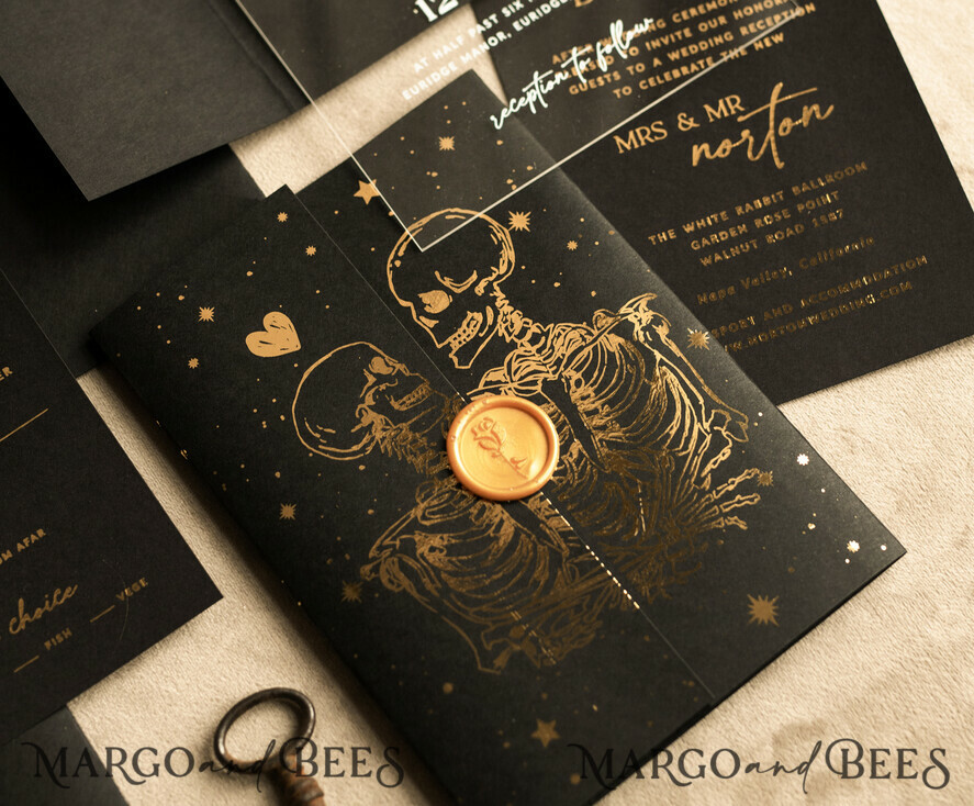 HOCHZEITS EINLADUNGEN Gold / Roségold / Silber / Glitzer Halloween Gold Hochzeits Einladungen, Schwarz und Gold Acryl Einladung Set, Mond Tarot Hochzeits Einladungskarten, Gold Skelett Hochzeits Set