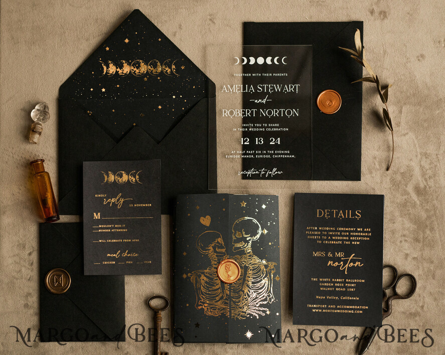 HOCHZEITS EINLADUNGEN Gold / Roségold / Silber / Glitzer Halloween Gold Hochzeits Einladungen, Schwarz und Gold Acryl Einladung Set, Mond Tarot Hochzeits Einladungskarten, Gold Skelett Hochzeits Set