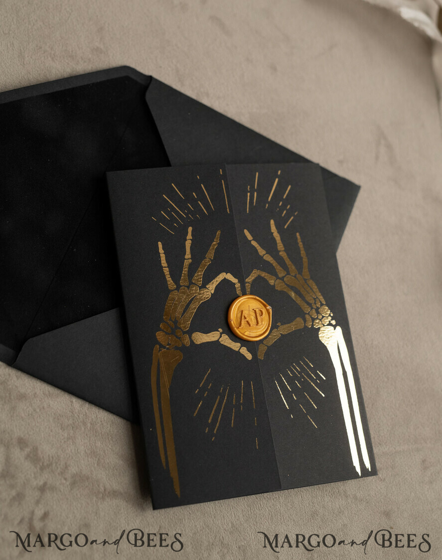 HOCHZEITS EINLADUNGEN Gold / Roségold / Silber / Glitzer Halloween Gold HochzeitsEinladungen, Schwarzes Glanz-Acryl Einladungsset, Gruselige Plexi Einladungen Goth HochzeitsEinladungskarten, Goldene Skelett HochzeitsSet