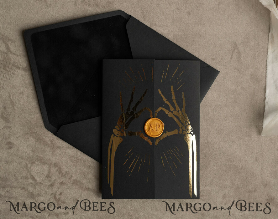 HOCHZEITS EINLADUNGEN Gold / Roségold / Silber / Glitzer Halloween Gold HochzeitsEinladungen, Schwarzes Glanz-Acryl Einladungsset, Gruselige Plexi Einladungen Goth HochzeitsEinladungskarten, Goldene Skelett HochzeitsSet